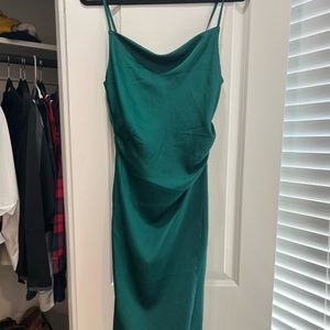Lulu’s Hollywood Woman Forest Green Satin Midi Dress